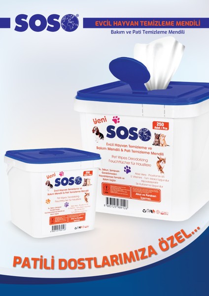 1 Adet x 250 Yaprak - Soso Kova Evcil Hayvan Kedi Köpek Pati ve Vücut Temizleme Mendili Gnzrz