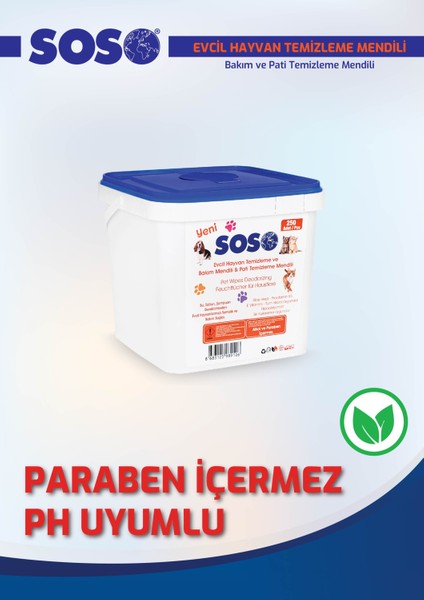 1 Adet x 250 Yaprak - Soso Kova Evcil Hayvan Kedi Köpek Pati ve Vücut Temizleme Mendili Gnzrz