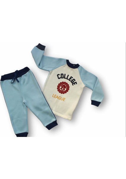 9-12 12-18 18-24 24-36 Ay College Baskılı 3 Iplik Kumaş Uzun Kollu Sweatli 2li Erkek Bebek Takımı Mavi