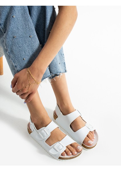 Holm Çift Tokalı Beyaz Camel Kadın Sandalet