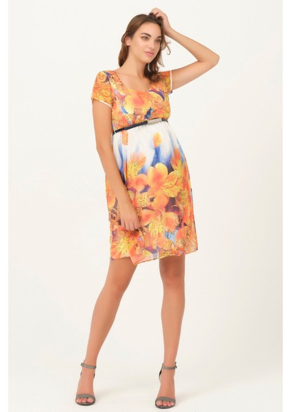 Hamile Çiçek Desenli Kemerli Mini Elbise Turuncu