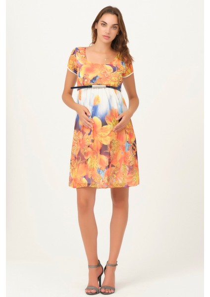 Hamile Çiçek Desenli Kemerli Mini Elbise Turuncu fiyatları
