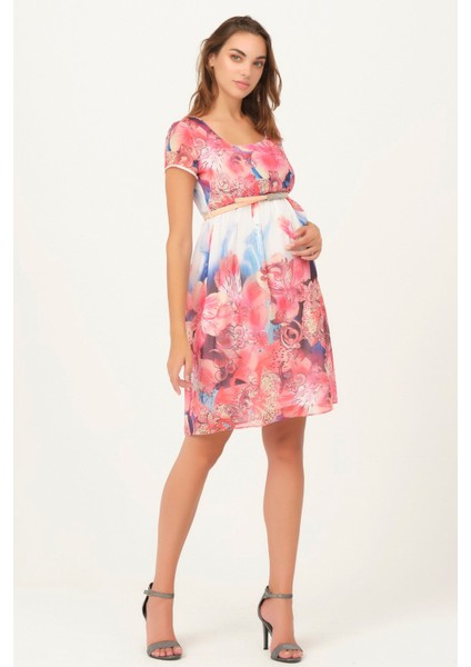 Hamile Çiçek Desenli Kemerli Mini Elbise Pembe fiyatları