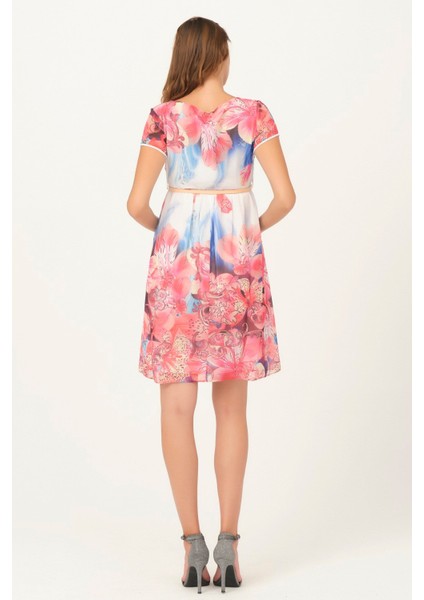 Hamile Çiçek Desenli Kemerli Mini Elbise Pembe modelleri