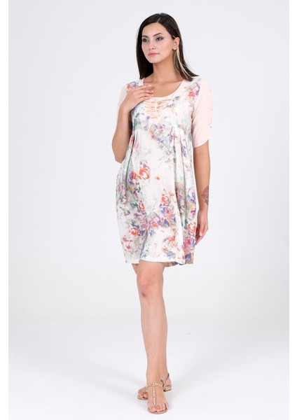 Hamile Yaka İpli Keten Çiçek Desenli Elbise Mor fiyatları