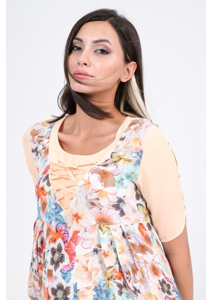 Hamile Yaka İpli Keten Çiçek Desenli Elbise Yavruağzı