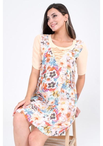 Hamile Yaka İpli Keten Çiçek Desenli Elbise Yavruağzı fiyatları