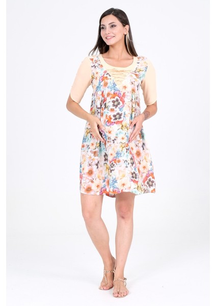 Hamile Yaka İpli Keten Çiçek Desenli Elbise Yavruağzı modelleri
