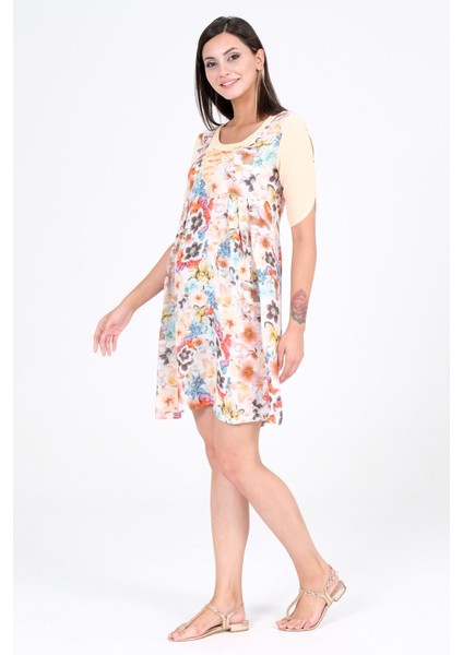 Hamile Yaka İpli Keten Çiçek Desenli Elbise Yavruağzı fırsatları