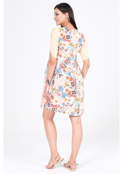 Hamile Yaka İpli Keten Çiçek Desenli Elbise Yavruağzı indirimleri