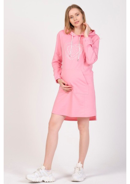 Hamile Hoodie Elbise Pembe