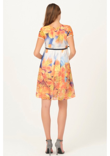 Hamile Çiçek Desenli Kemerli Mini Elbise Turuncu modelleri