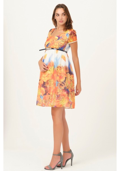 Hamile Çiçek Desenli Kemerli Mini Elbise Turuncu fırsatları