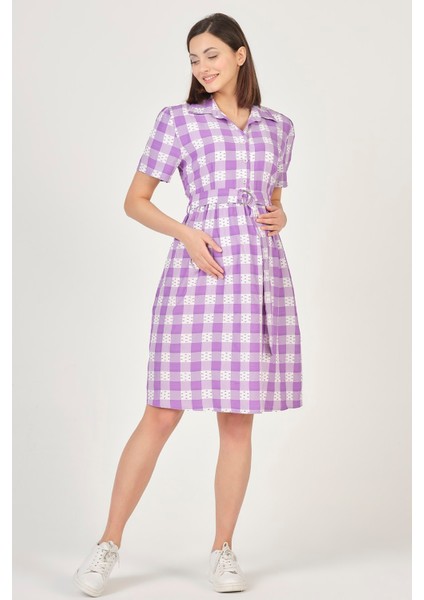Hamile Kısa Kollu Ekose Elbise Lila modelleri