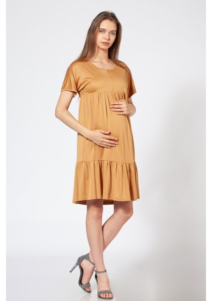 Hamile Elbisesi Yaka Fermuarlı Etek Fırfırlı Kısa Kol Elbise Hardal