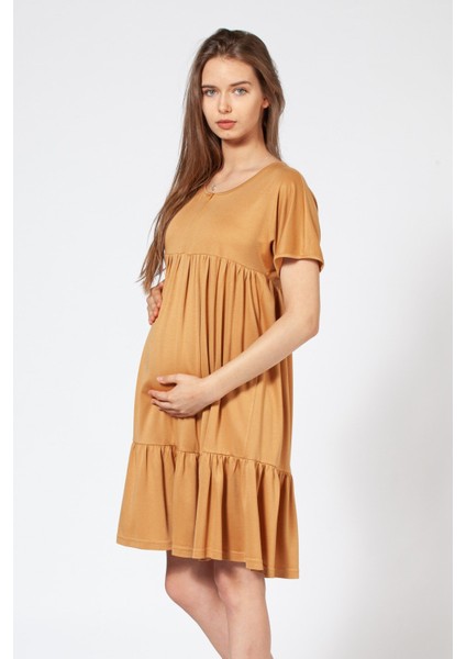 Hamile Elbisesi Yaka Fermuarlı Etek Fırfırlı Kısa Kol Elbise Hardal fiyatları