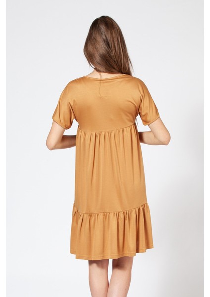 Hamile Elbisesi Yaka Fermuarlı Etek Fırfırlı Kısa Kol Elbise Hardal modelleri