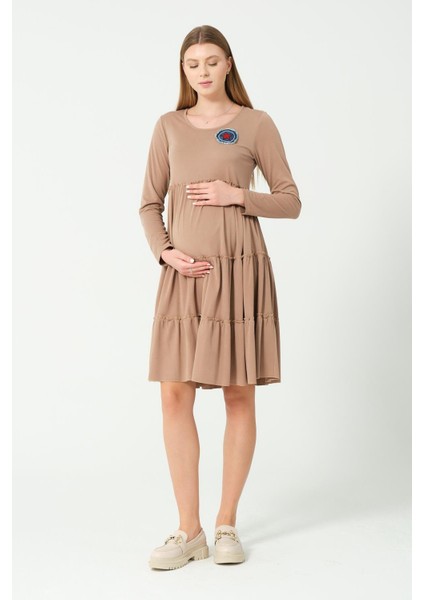Hamile Günlük Fırfır Etekli Elbise Sütlü Kahve