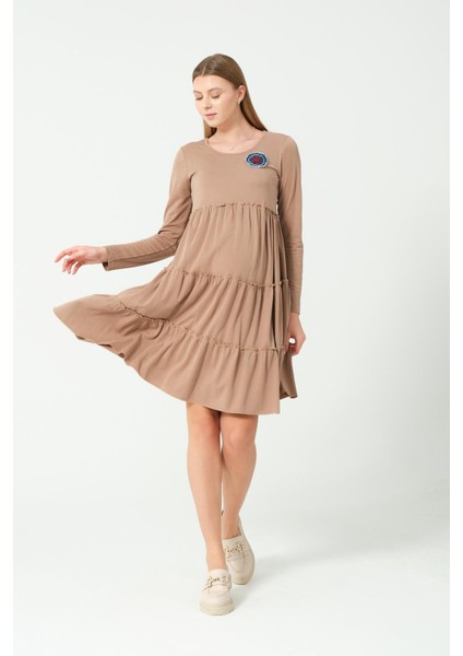 Hamile Günlük Fırfır Etekli Elbise Sütlü Kahve modelleri