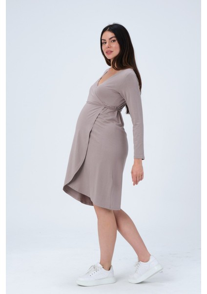 Hamile Önden Bağcıklı Kolay Giyilebilir Uzun Kollu Penye Elbise Vizon modelleri