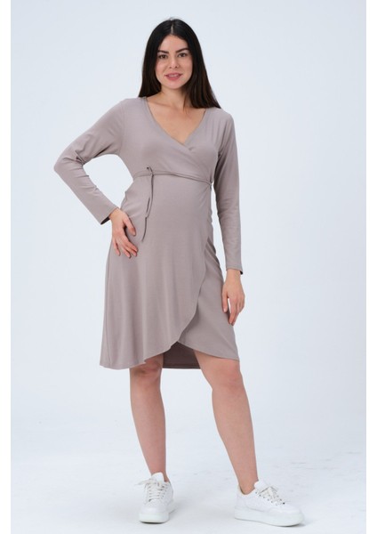 Hamile Önden Bağcıklı Kolay Giyilebilir Uzun Kollu Penye Elbise Vizon fırsatları