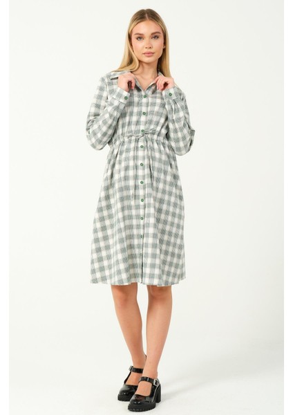 Hamile Uzun Kollu Ara Boy Ekose Elbise Yeşil