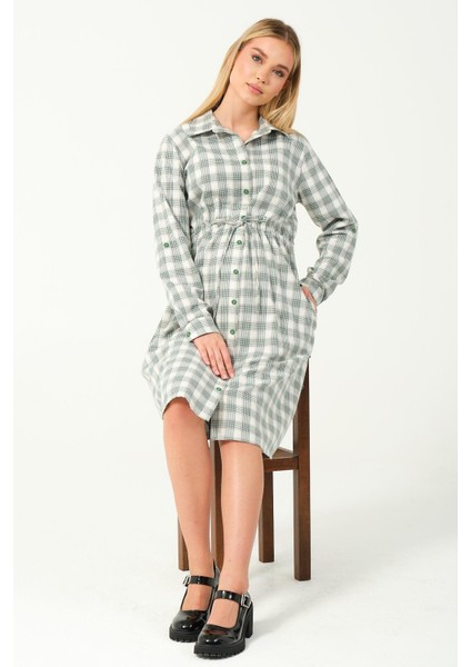 Hamile Uzun Kollu Ara Boy Ekose Elbise Yeşil modelleri