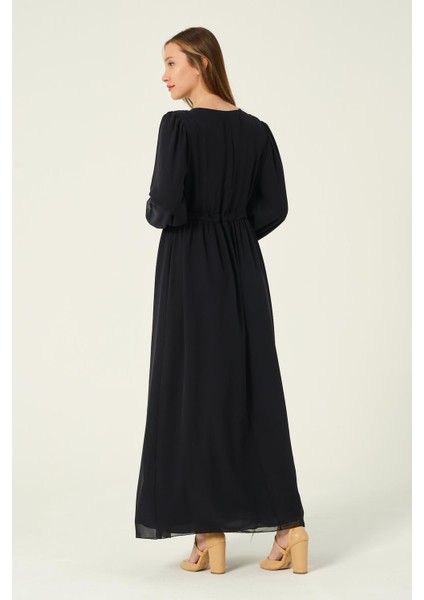 Hamile Beli Bağcıklı Şifon Maxi Boy Tesettür Elbise Lacivert fırsatları