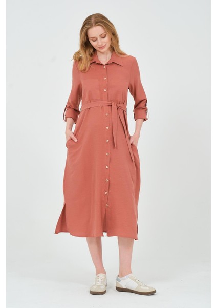 Hamile Gömlek Yaka Önden Cepli Midi Boy Elbise Gül Kurusu fiyatları