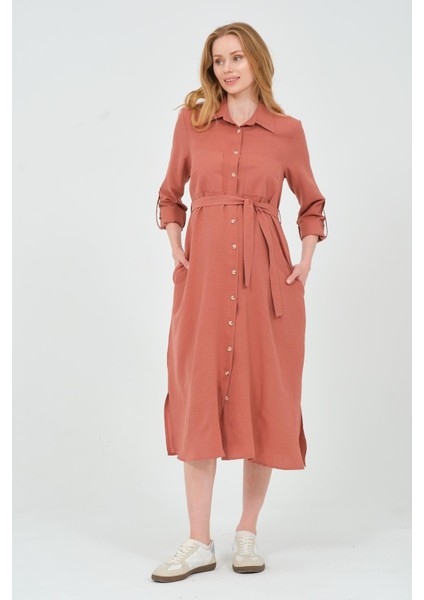 Hamile Gömlek Yaka Önden Cepli Midi Boy Elbise Gül Kurusu modelleri