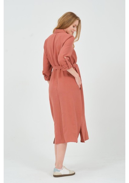 Hamile Gömlek Yaka Önden Cepli Midi Boy Elbise Gül Kurusu fırsatları