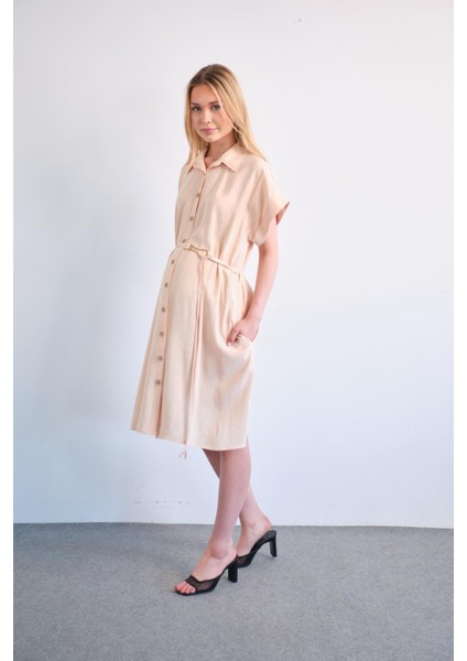 Hamile Düğmeli Kısa Kollu Midi Boy Elbise Krem modelleri