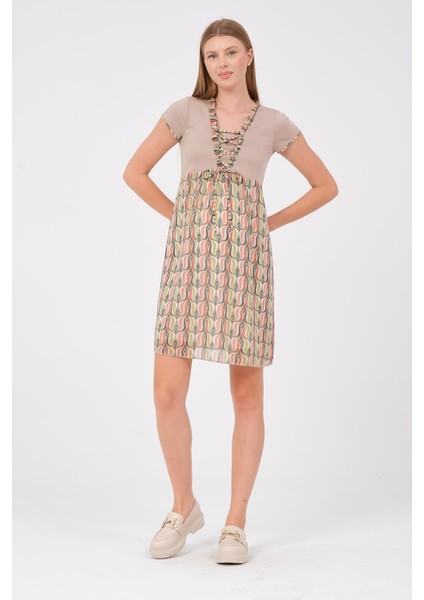 Hamile Kısa Kollu Desenli Günlük Elbise Sarı