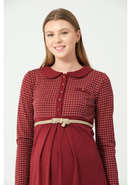 Hamile Yakalı Belden Kemerli Uzun Kollu Ara Boy Elbise Bordo