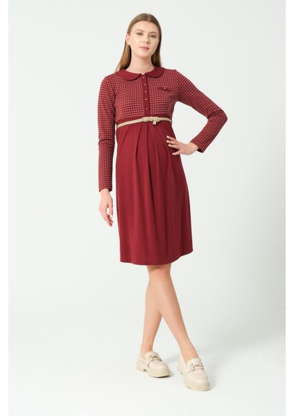 Hamile Yakalı Belden Kemerli Uzun Kollu Ara Boy Elbise Bordo fiyatları