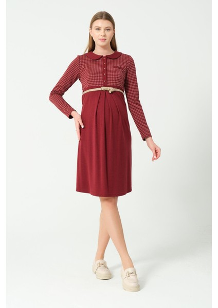 Hamile Yakalı Belden Kemerli Uzun Kollu Ara Boy Elbise Bordo modelleri