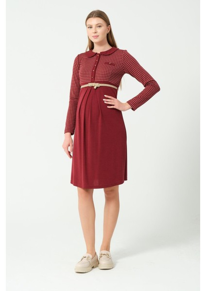 Hamile Yakalı Belden Kemerli Uzun Kollu Ara Boy Elbise Bordo fırsatları