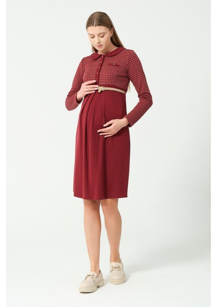 Hamile Yakalı Belden Kemerli Uzun Kollu Ara Boy Elbise Bordo indirimleri