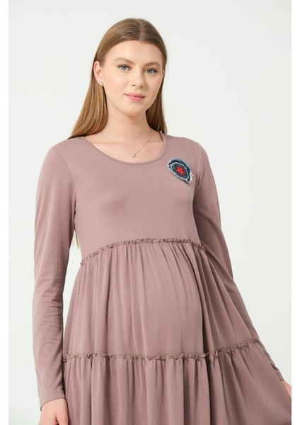 Hamile Günlük Fırfır Etekli Elbise Vizon