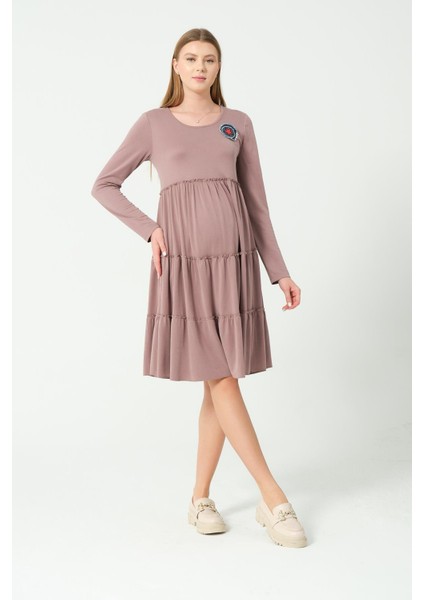 Hamile Günlük Fırfır Etekli Elbise Vizon modelleri