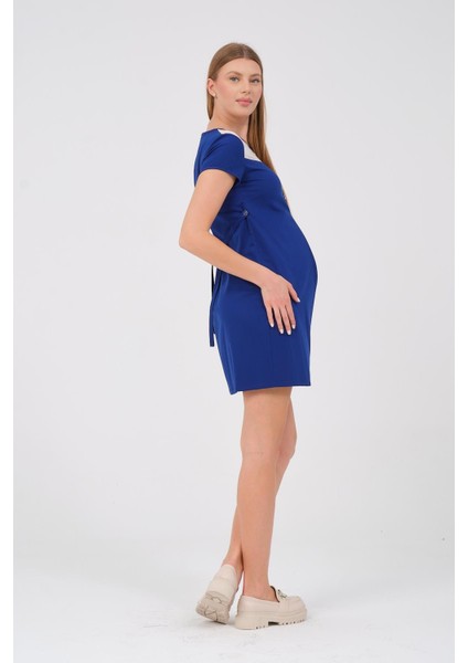 Hamile Kısa Kollu Arkadan Bağcıklı Mini Elbise Saks indirimleri
