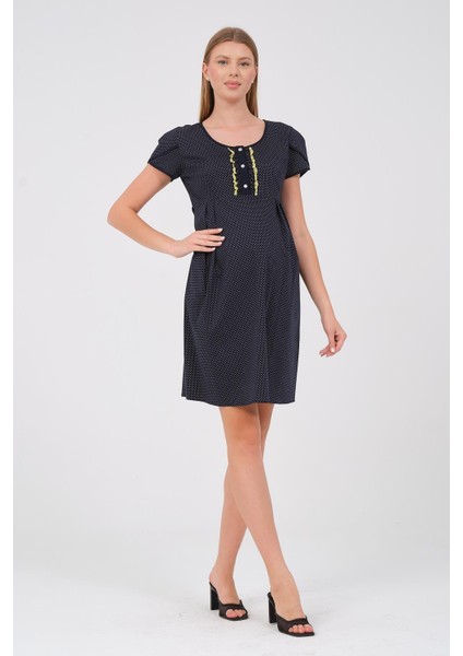 Hamile Kısa Kollu Puantiyel Yuvarlak Yakai Mini Elbise Sarı