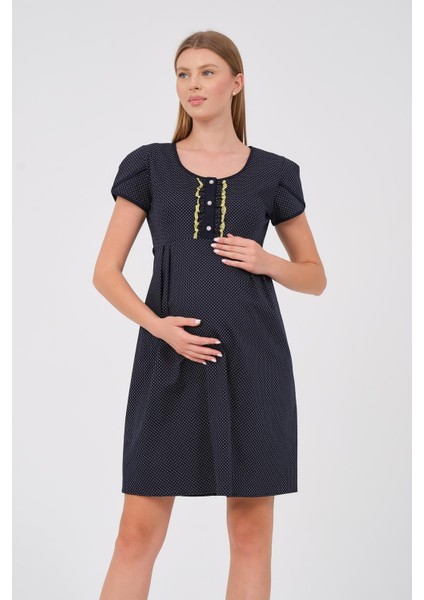 Hamile Kısa Kollu Puantiyel Yuvarlak Yakai Mini Elbise Sarı modelleri