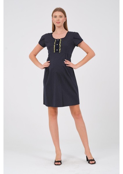 Hamile Kısa Kollu Puantiyel Yuvarlak Yakai Mini Elbise Sarı fırsatları