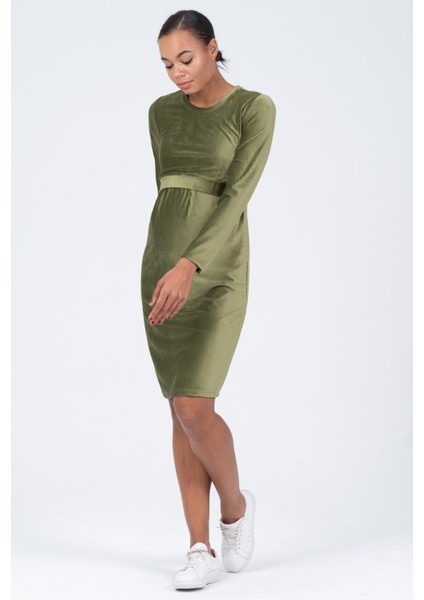 Hamile Önden Emzirme Detaylı Kadife Elbise Yeşil