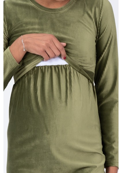 Hamile Önden Emzirme Detaylı Kadife Elbise Yeşil modelleri