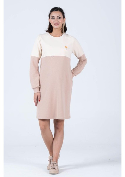 Hamile Blok Renk Sweat Elbise Bej
