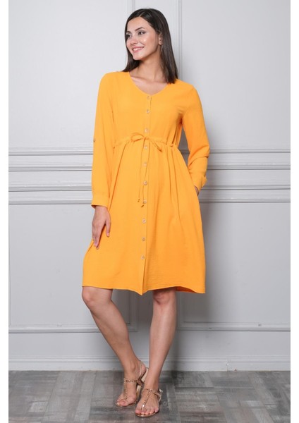 Hamile Önden Düğmeli ve Bağcıklı Uzun Kollu Viskon Elbise Mango modelleri