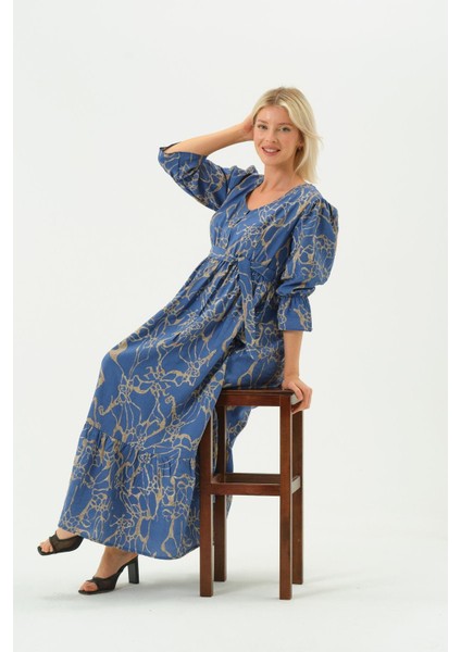 Hamile Bisiklet Yaka Desenli Uzun Elbise Mavi