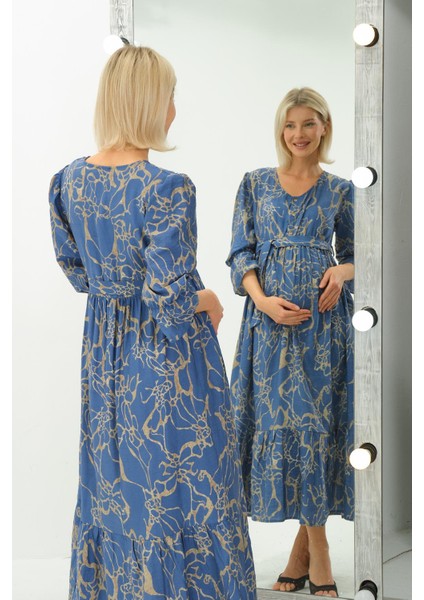 Hamile Bisiklet Yaka Desenli Uzun Elbise Mavi fiyatları